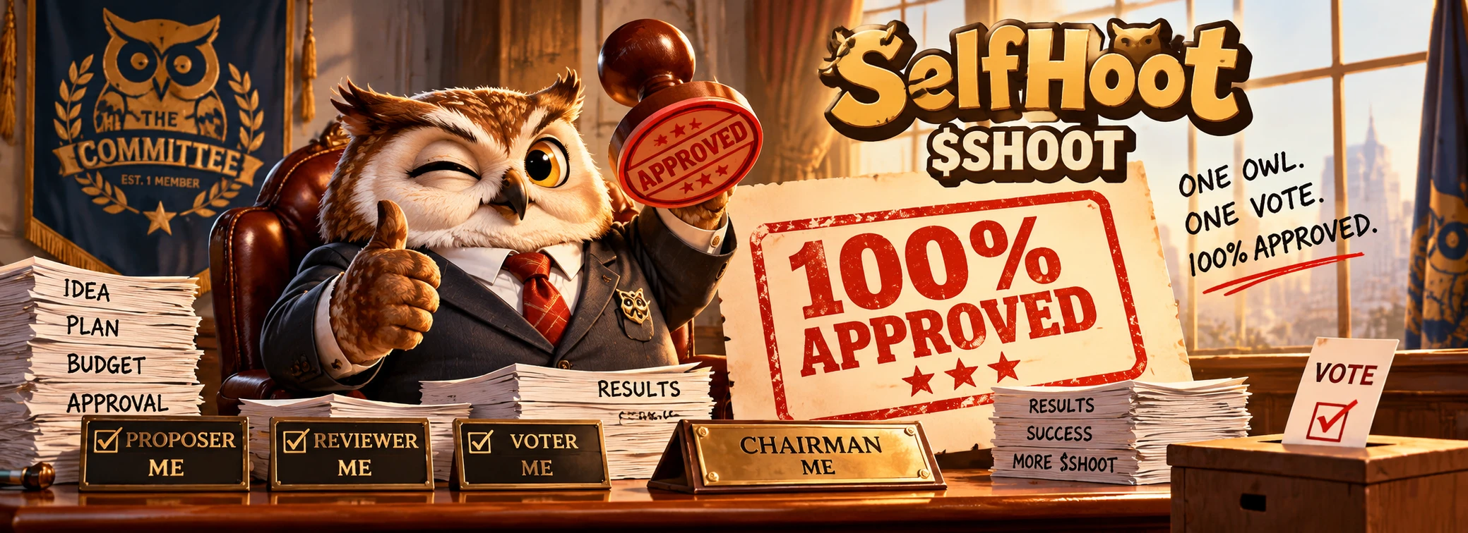 The SelfHoot owl chairman, presiding over his one-member approval committee